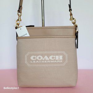 COACH Kitt Badge Jacquard & Smooth Leather Crossbody- Chalk Taupe ⭐